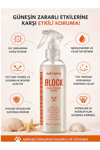 Artero Block Kedi Köpek Uv Koruyucu Güneş Spreyi Tüy Ve Kürk Bakımı 250 Ml