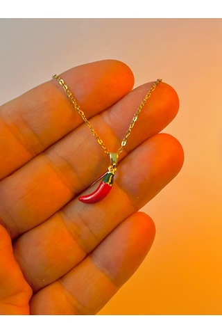 Kadın & Erkek Şık Tasarım Çelik Kırmızı Chili Biber Figürlü Takı Minimalist Şans Kolye Gold