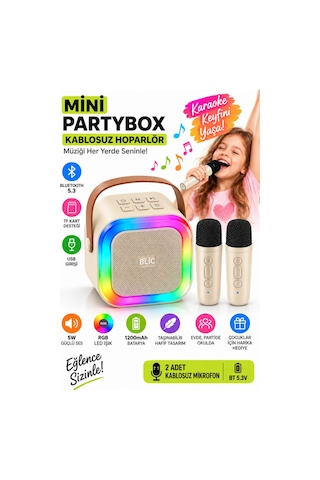 Blic Bls-97 Bej Partybox Çift Kablosuz Mikrofonlu Rgb Led Işıklı Taşınabilir Bluetooth Hoparlör