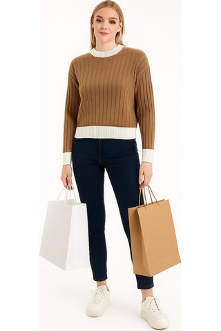 Hira Life Fashion Kadın Bisiklet Yaka Fitili Ve Şerit Detaylı Crop Triko Kısa Kazak Vizon Vizon