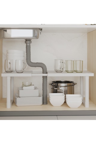 Ayarlanabilir Dolap Lavabo Altı Düzenleyici Raf Beyaz