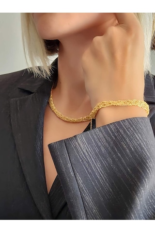 Zırh Örgü Model Çelik Zincir Dokuma Altın Kaplama Kolye Bileklik Set