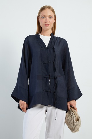Fullamoda Geniş Kol Oversize Transparan Kimono Lacivert