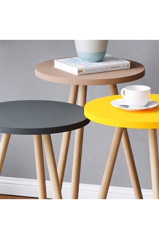 İntergo Renkli Üçlü Zigon Sehpa Ahşap Ayaklı Yuvarlak Pastel Tasarım Cappuccino-Gri-Sarı