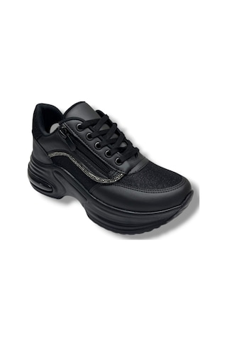 Modalendo 1511-26 Cilt Deri Simli Şeritli Anatomik Bağcıklı Kadın Sneaker Siyah
