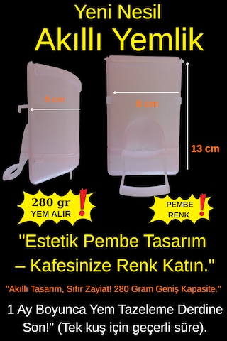 Pembe Akıllı Kuş Yemliği - 280 Gr Geniş Hazneli Kabuk Ayırıcılı Muhabbet Kuşu Yemliği 13x8x5 Cm