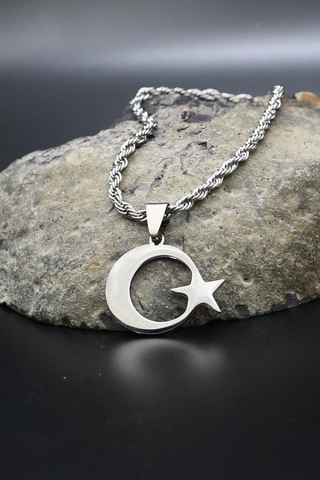 Ay Yıldızlı - Ay Yıldız Kolye Paslanmaz Çelik Zincir 902300 Gümüş