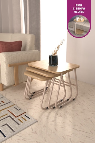 Vilinze Zigana Çok Amaçlı Vizon Metal Ayak 3'lü Naturel Mdf Zigon Sehpa Vizon-naturel