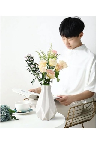 Çiçekler İçin Plastik Vazo Kırılmaz Beyaz Çiçek Vazosu Geometrik Vazo Seramik Görünümlü Ev Dekorasyonu İçin Plastik Vazo Beyaz