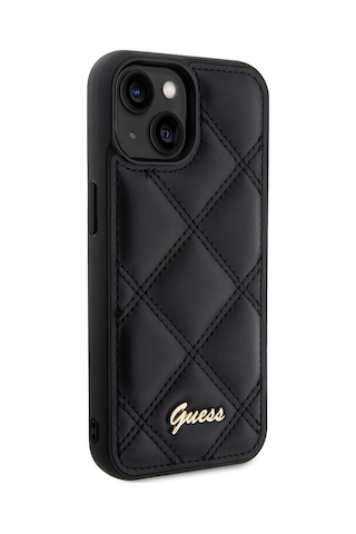 Apple Uyumlu iPhone 15 Kılıf Guess Lisanslı Pu Deri Metal Yazı Logolu Kapitone Kapak Siyah