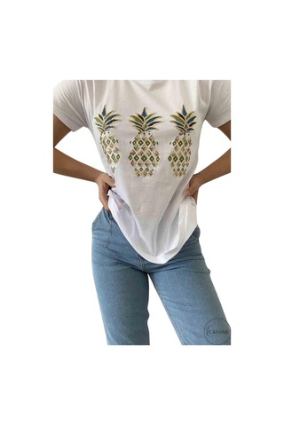 Cassime Kadın Büyük Ananas Pul Payet Işlemeli %100 Pamuk Kısa Kollu V-yaka Tişört Xl-2xl-3xl Beyaz