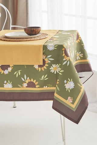 Ays Home Yeşil Ayçiçeği Desen Kumaş Yemek Masası Örtüsü Ve Sarı Runner.