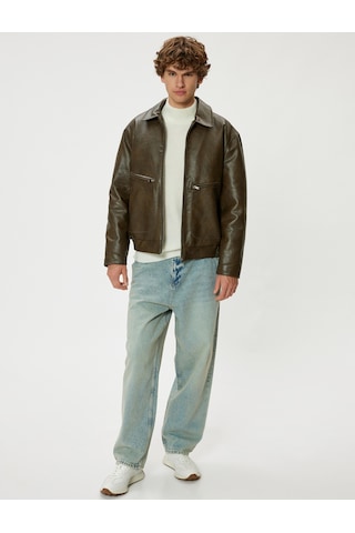 Koton Suni Deri Ceket Slim Fit Gömlek Yaka Pamuk Karışımlı Khakı 5wam20031hw Haki