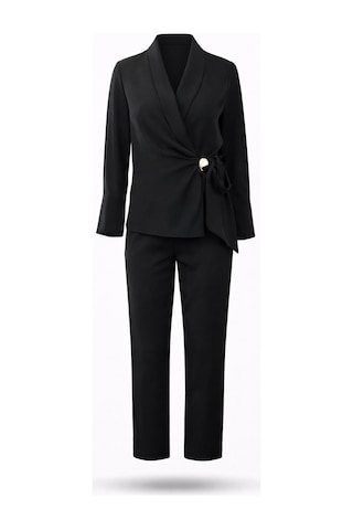 5in1Canpolat Siyah Kruvaze Yaka Bluz Pantolon Takım 00149