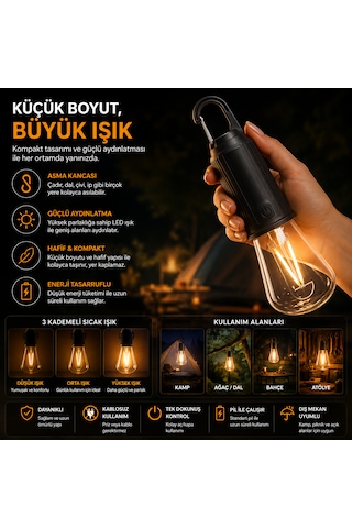 Şarj Edilebilir Led Kamp Lambası 3 Kademeli Sıcak Işık Asma Kancalı Taşınabilir Çadır Ve Acil Durum Lambası
