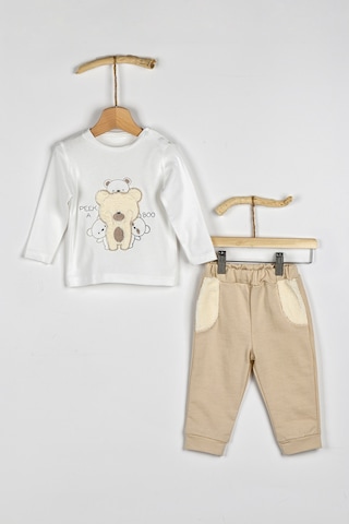 Nono Baby Peluşlu Erkek Bebek 3'lü Takım Zıkzak Kumaşlı Kahverengi - Krem