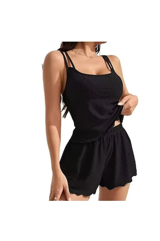 Ece's Design Askılı Yazlık Rahat Spor Şortlu Pijama Takımı Nefes Alabilir Konforlu Set W2002 Siyah