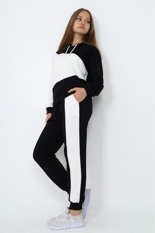 Kız Çocuk %100 Pamuk Garnili Kapüşonlu Uzun Kol Alt&üst Eşofman Takım-eşt-0018 Siyah