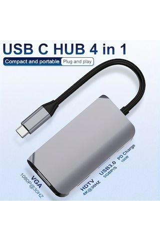 Honeybeeshop 4'ü 1 Arada Usb C Hub Hdtv Vga Usb 3 0 4k 1080p 100w Hızlı Şarj Alüminyum Kasa Altın Port Dizüstü Macbook Uyumlu Dell Hp