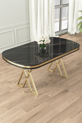 Canisa Lai Serisi 90x168 Lak Panel Sonata Gold Ayak Masa Takımı 6 Siyah Sandalye Sonata Masa Siyah Sandalye Ayaklar Gold