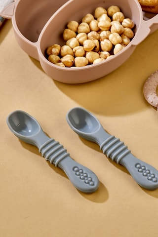 2'li Silikon Bebek Beslenme Seti / Bölmeli Mama Tabağı / Mama Kaşığı Mocca