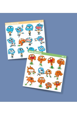 Watterson Darwin-gumball-çizgifilm Sticker Set 2li Parlak Kağıt- Çizgi Dizi Etiket Süsleme Beyaz