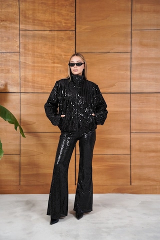 Cemo Full Pul Payetli Siyah Fermuarlı Bomber Ceket Siyah