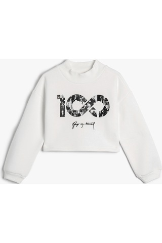 Koton Cumhuriyet Baskılı Crop Sweatshirt Uzun Kollu Bisiklet Yaka Şardonlu Ekru 4wkg10250ak 4WKG10250AK010 Ekru