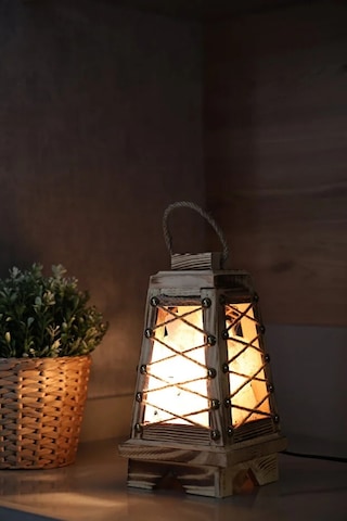 Lebron Ahşap Hasır Ipli Piramit Tuz Lambası Açık Ahşap