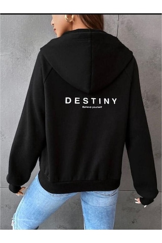 Altamira Kadın Siyah Destiny Baskı Fermuarlı Kapüşonlu Oversize Hırka 001