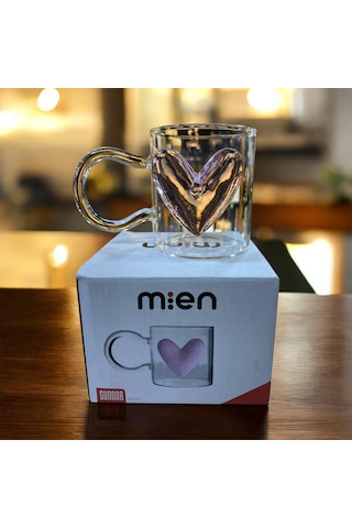 Mien 400 Ml Kalpli Şeffaf Cam Kupa Pembe Kalp Detaylı Pembe - Şeffaf