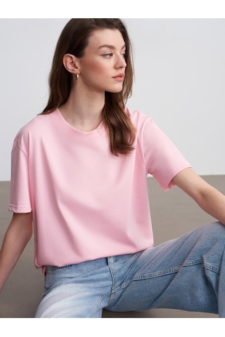 Dilvin 30312 Pamuk Dekoratif Dikişli Bisiklet Yaka T-shirt-toz Pembe 36
