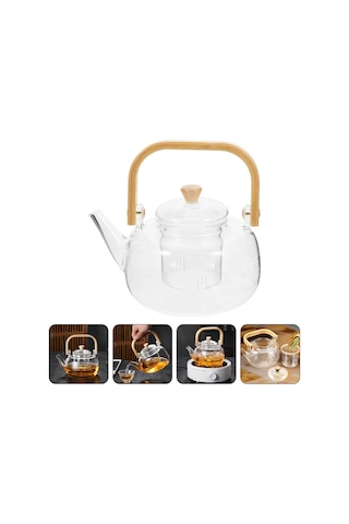Ahşap Saplı Cam Filtreli Demlik 1000 Ml - Isıya Dayanıklı Cam Bitki Çayı Demlik Şeffaf