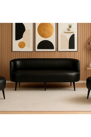 Sydney Üçlü Koltuk Kanepe Deri Kumaş - Ahşap Ayak Ev & Ofis Kullanımı - Siyah Siyah