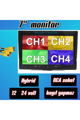 7 İnç Hybrid Monitör 4 Kanallı - Kamerasız Kayıt Yapmaz 12-24...