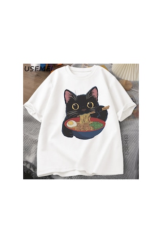 Tarzsokak Ramen Kedi Tshirt Japon Tarzı Kedi Sevgilisi T-shirt Kawaii Karikatür Pamuk Kısa Kollu T Shir 2863 Beyaz