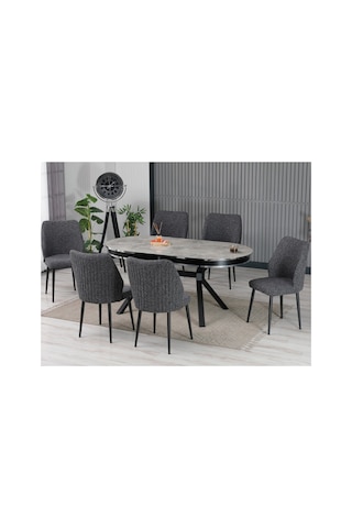 Mars Hazal Serisi, Lak Panel Masa Takımı 6 Sandalyeli 170x90 Cm Şık Yemek Grubu Gri