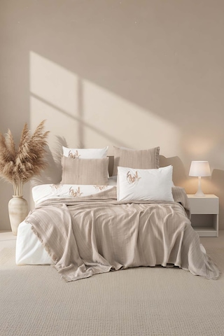 Arya Vizon Nakışlı Çift Kişilik Nevresimli Pike Seti - 7 Parça Çeyiz Seti Vizon