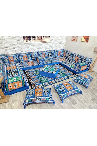 Coton Şark Köşesi Milas Desenli Minder Takımı Mavi