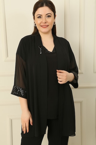 By Saygı V Yaka Pullu Kolsuz Bluz Bronşlu Kol Uçları Pullu Şifon Ceket Büyük Beden 2'li Takım Siyah