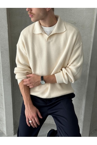 Erkek Polo Yaka Örme Oversize Kazak Krem