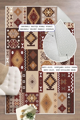 Otantik Anadolu Kaymaz Taban Dijital Baskılı Yıkanabilir Vizon Salon Halısı Kilim Yolluk Kırmızı