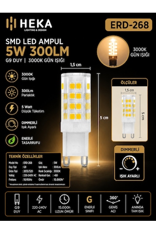 10 Adet Heka 5w Günışığı 3000k G9 Duylu Dim Edilebilir Led Kapsül Ampul