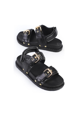 Shoetek Tarisa Kadın Sandalet Bantlı Tokalı Siyah Deri Siyah