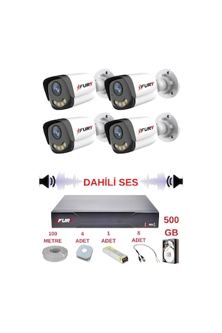 Fury 4 Lü Sesli Gece Renkli Görüş Güvenlik Kamerası Su Geçirmez Güvenlik Kamerası Seti 5590s 500gb