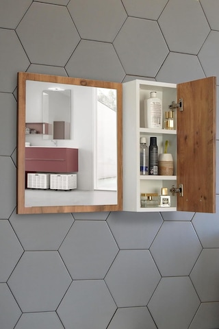 Aynalı Banyo Dolabı 80 Cm Üst Modül Kayın Renk Çok Renkli