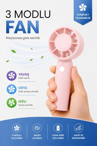 Turbo 3 Mod Şarjlı El Fanı 3 Kademe Seyahat Masaüstü Vantilatör Taşınabilir Mini Fan Pembe F130