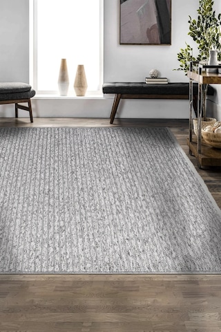 Lidya Bukle Gri Çizgili Halı Kaydırmaz, Kadife Hissi, Kolay Temizlik, Antibakteriyel, Modern Gri