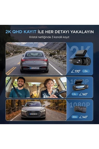 Juo C30 2k Qhd Ön + Fhd İç + Fhd Arka 3 Kameralı Wifi Gps Hdr Araç Kamerası Ekranlı 170 Derece Geniş Açı Gece