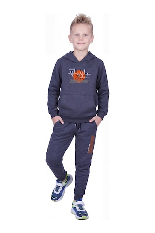 Panios Kids Kanguru Cepli Kapüşonlu Basketbol Baskı Detaylı Erkek Çocuk Eşofman Takımı Füme